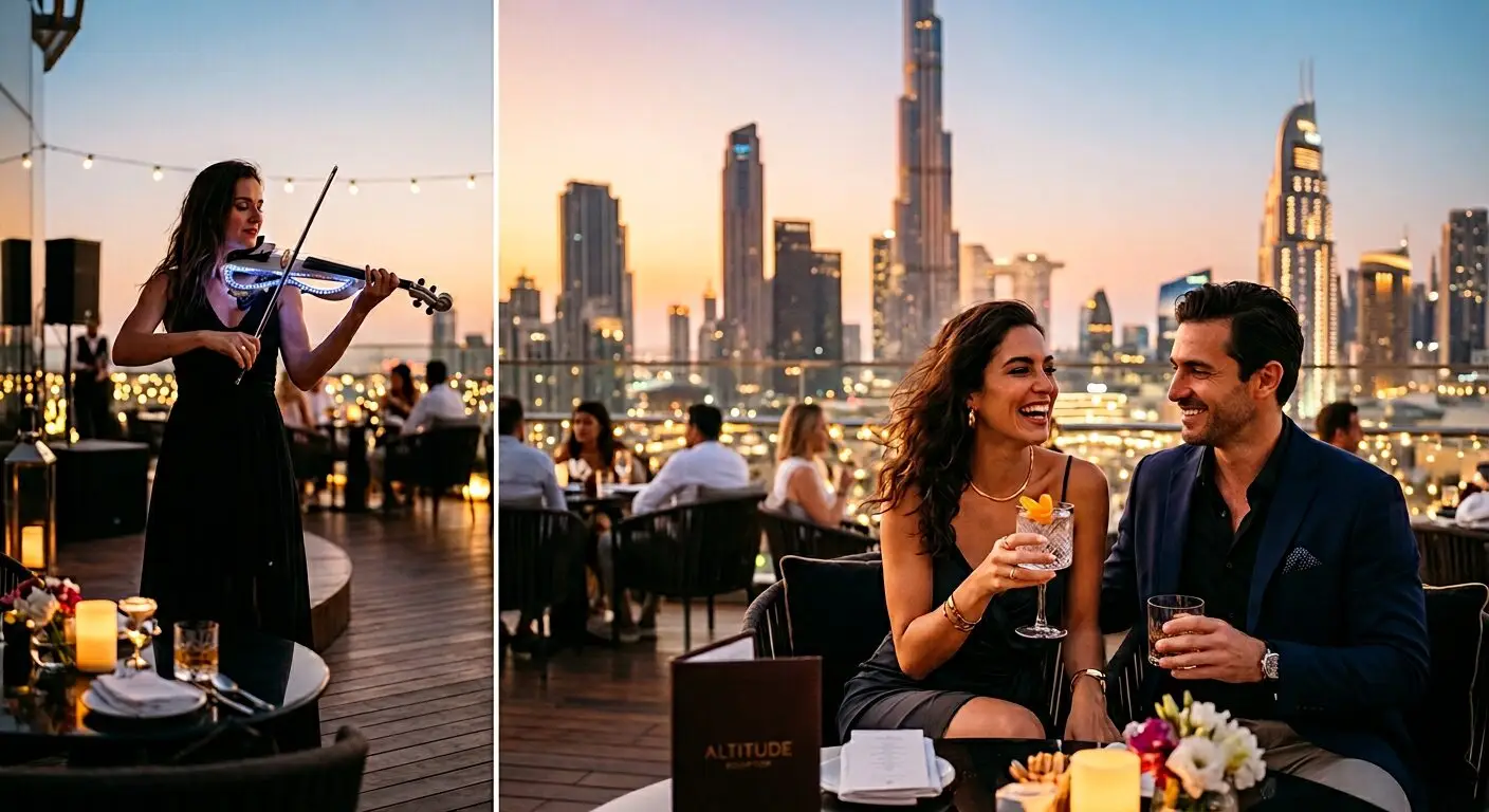 Firefly_Gemini Flash_Candid, artistic photo of an elegant couple enjoying live music at a luxury rooftop l 351768
