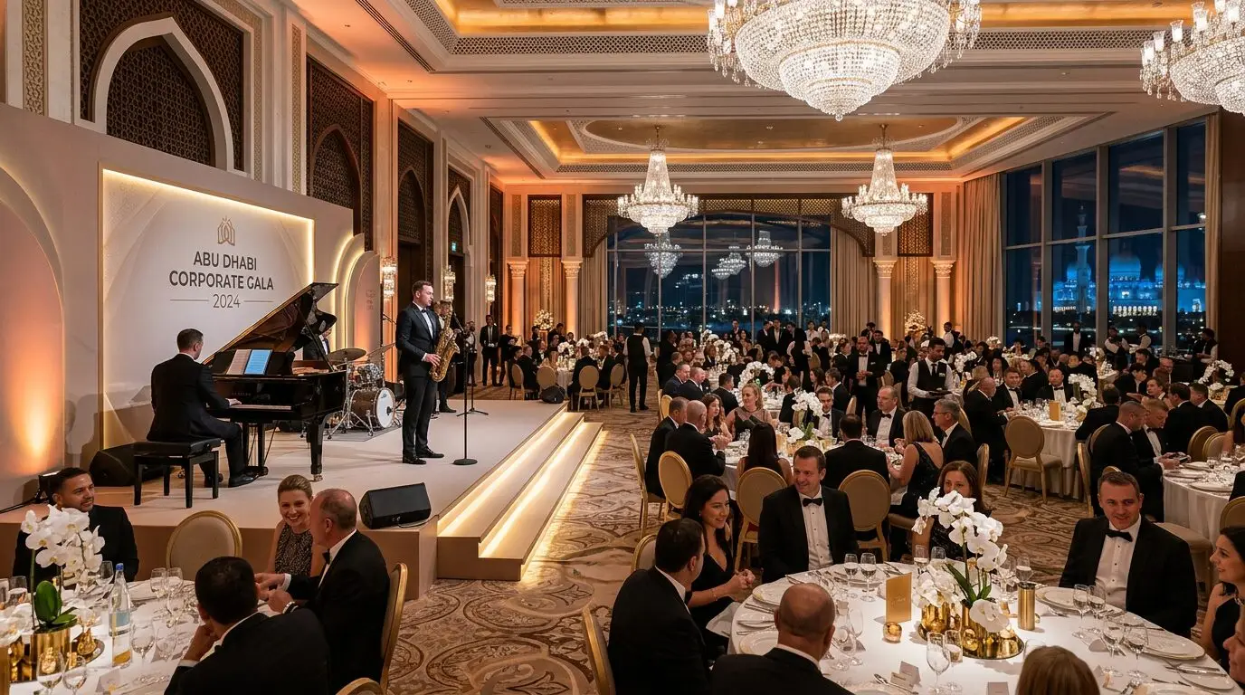 Firefly_Gemini Flash_Wide-angle, luxury interior photography of a sophisticated corporate gala dinner in a 881164